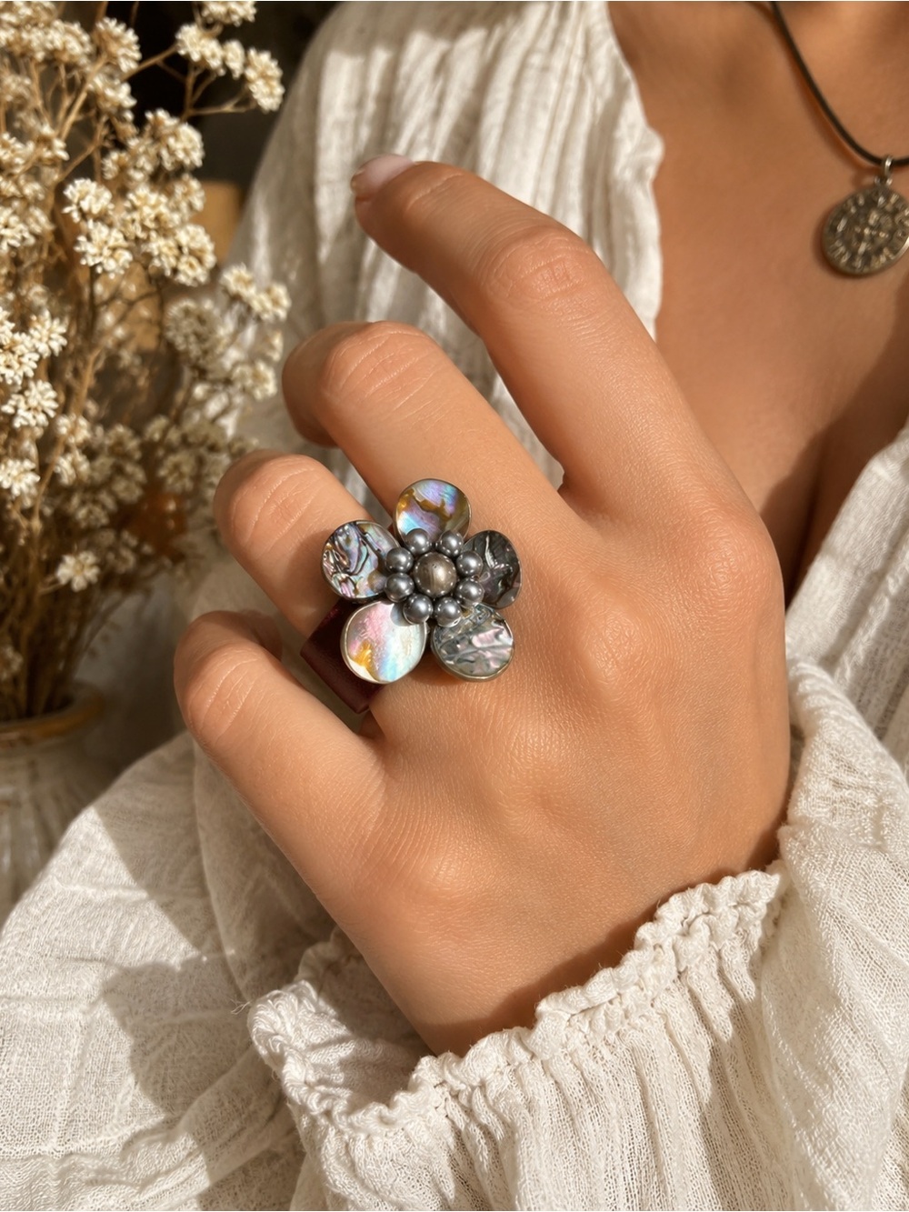 Iridescent Shell Flower Statement Ring Adjustable Burgundy Boho